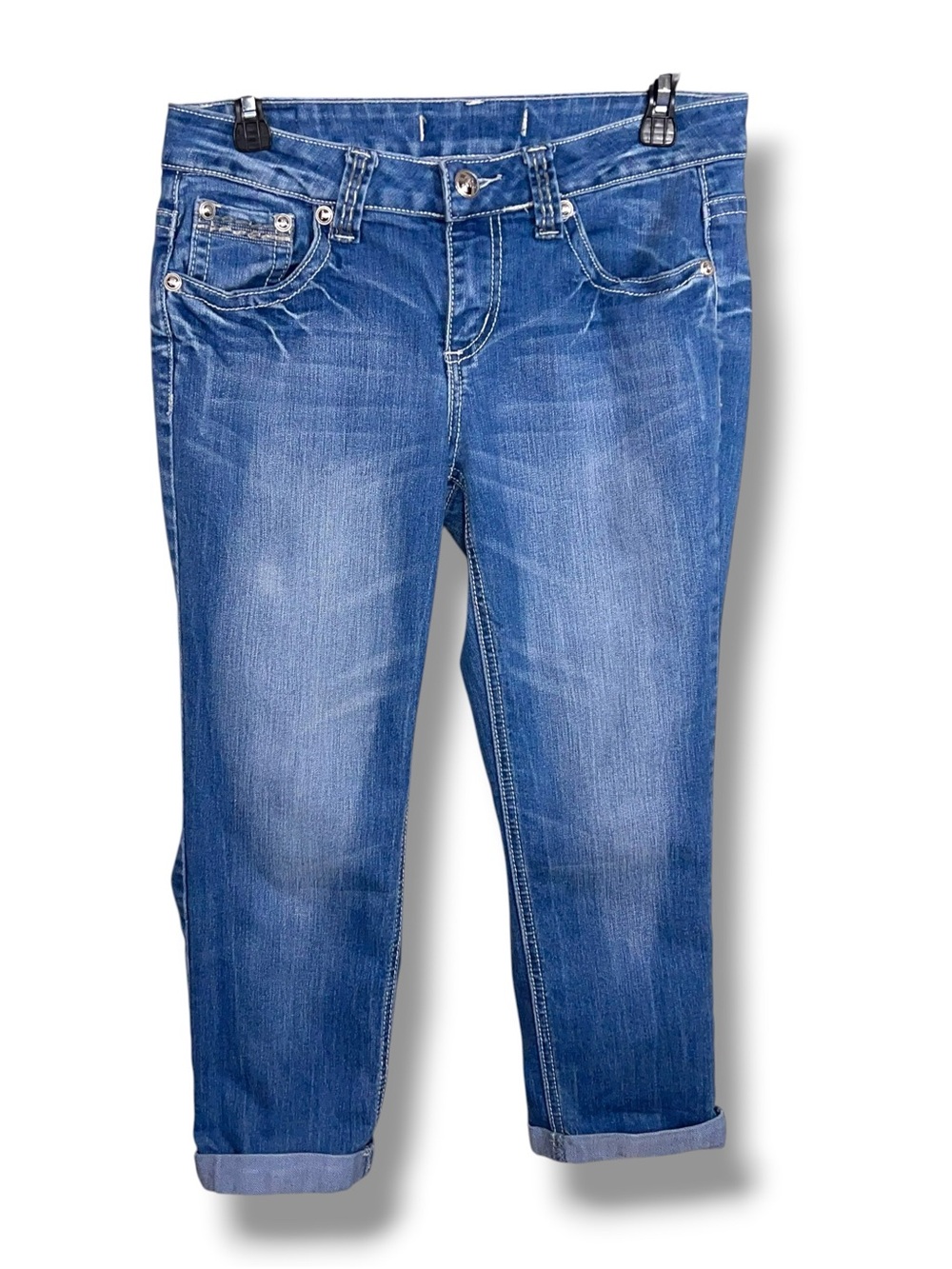 Medium Love Nation Blue Denim Cuffed Capris  Stretch Cotton Blend